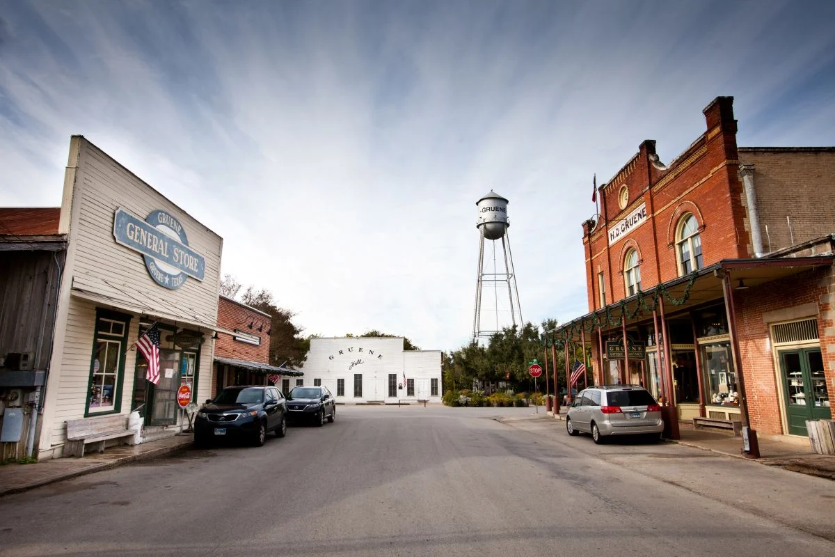 Image of downtown Gruene with the water tower in the background.