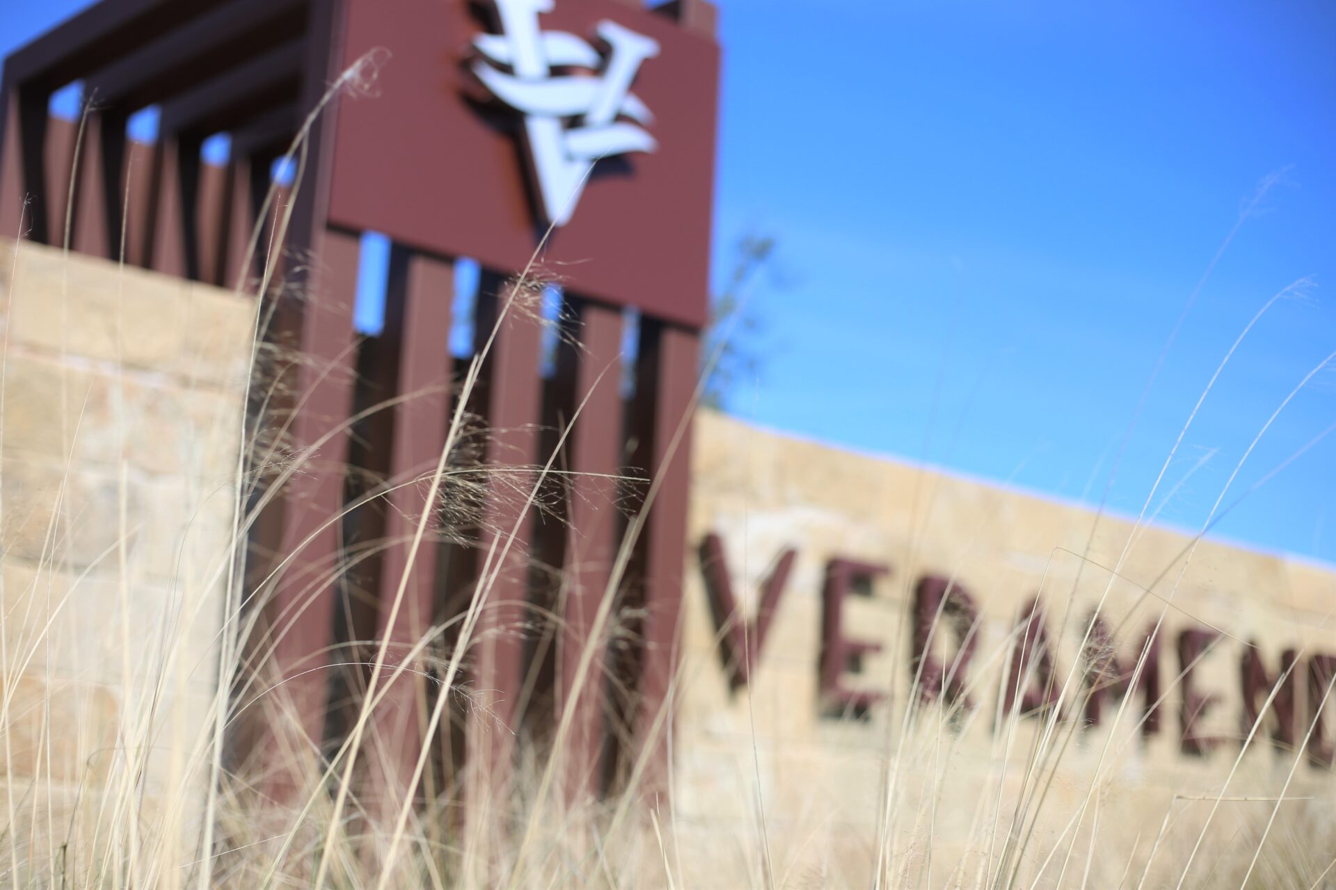 Artistic close-up shot of Veramendi main entrance sign.