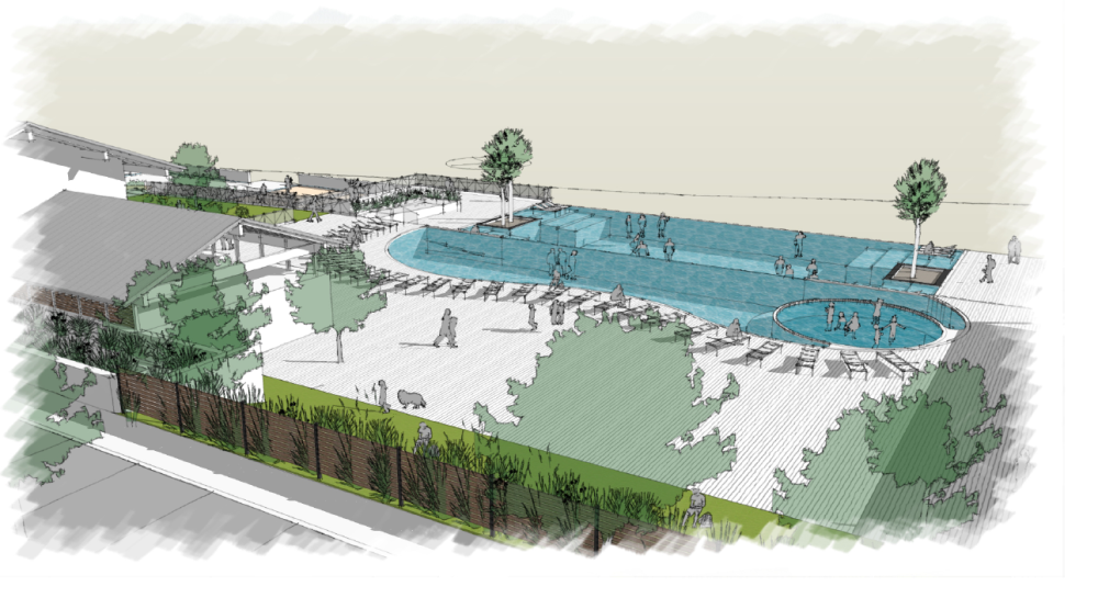 Conceptual rendering for new Veramendi community amenity center with pool and patio area