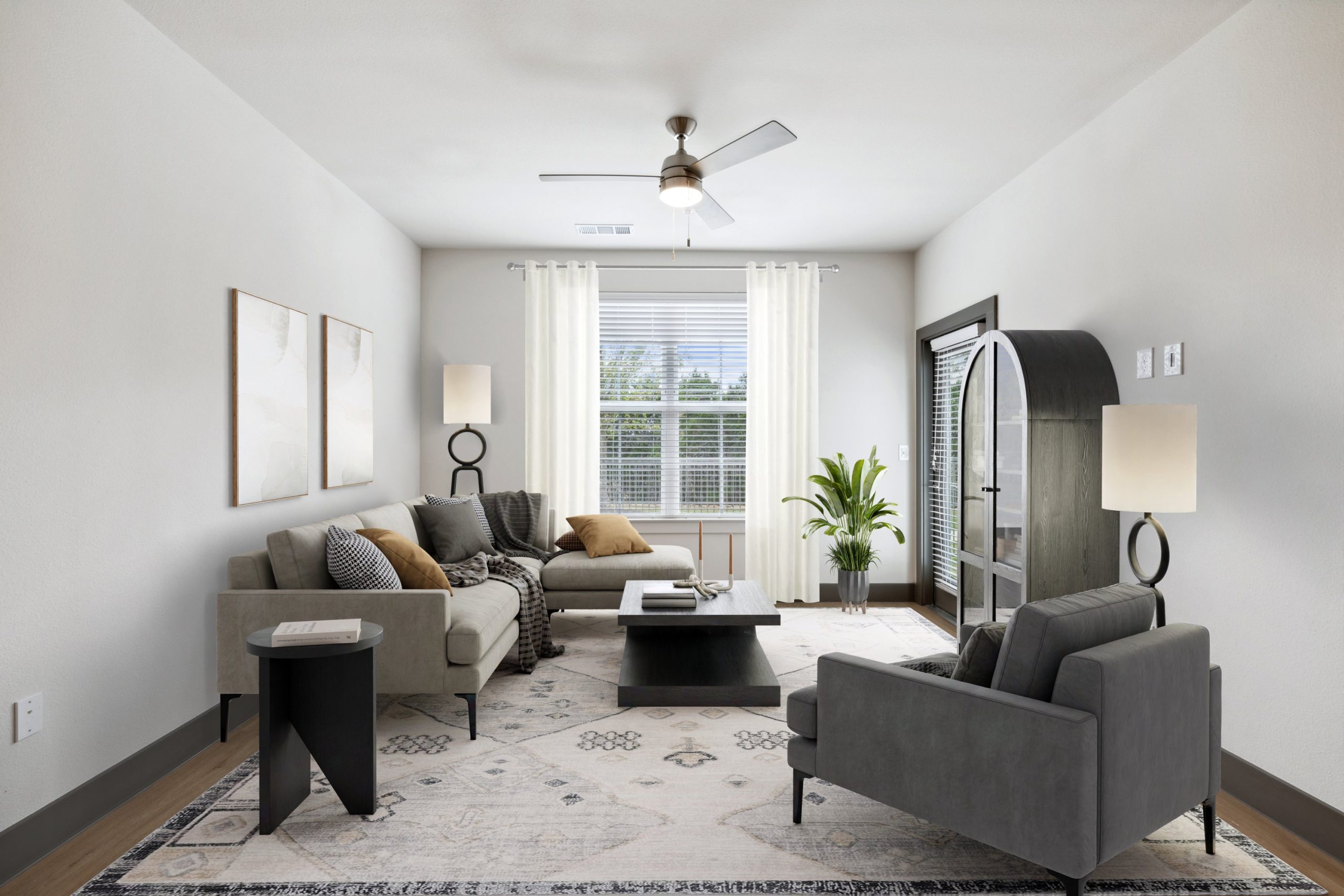 View of furnished living room in Veramendi apartment building